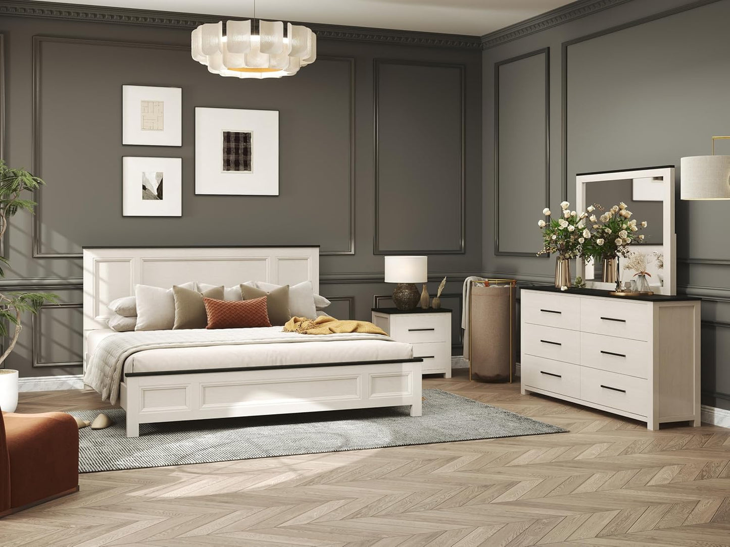 Realynn 5-Piece Wood Bedroom Set, King Size Panel Bed with Dresser, Mirror, and 2 Nightstands, Off-White Finish