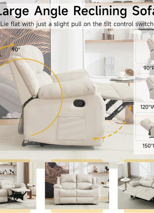 Reclining Loveseat Sofa in Beige Leather with Side Pocket for Living Room, RV, and Home Theater