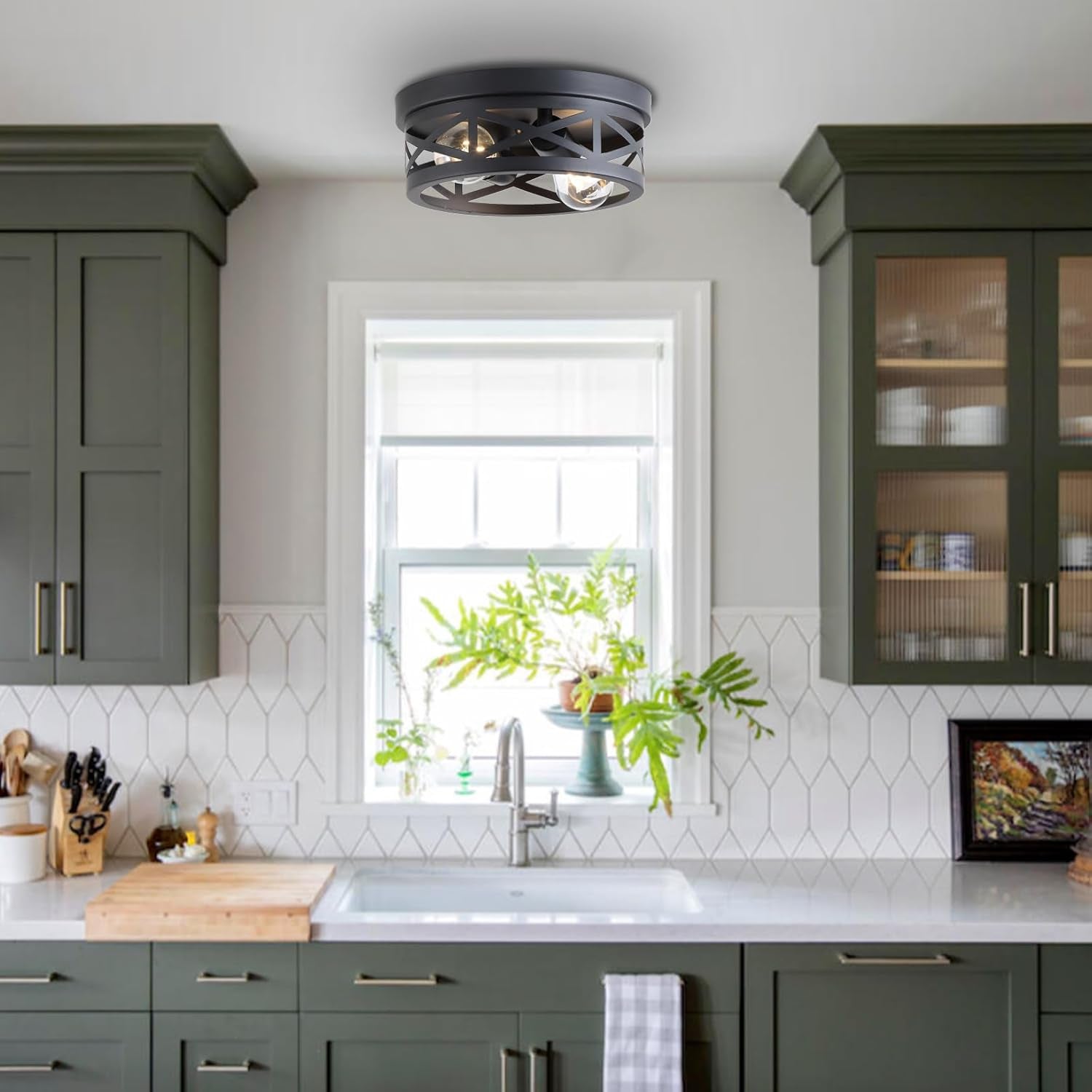 2 Pack Black Farmhouse Flush Mount Ceiling Light,2-Light Rustic Hallway Light Fixtures,Industrial Lighting Fixtures Ceiling Mount for Kitchen Hall Entry Bedroom Closet