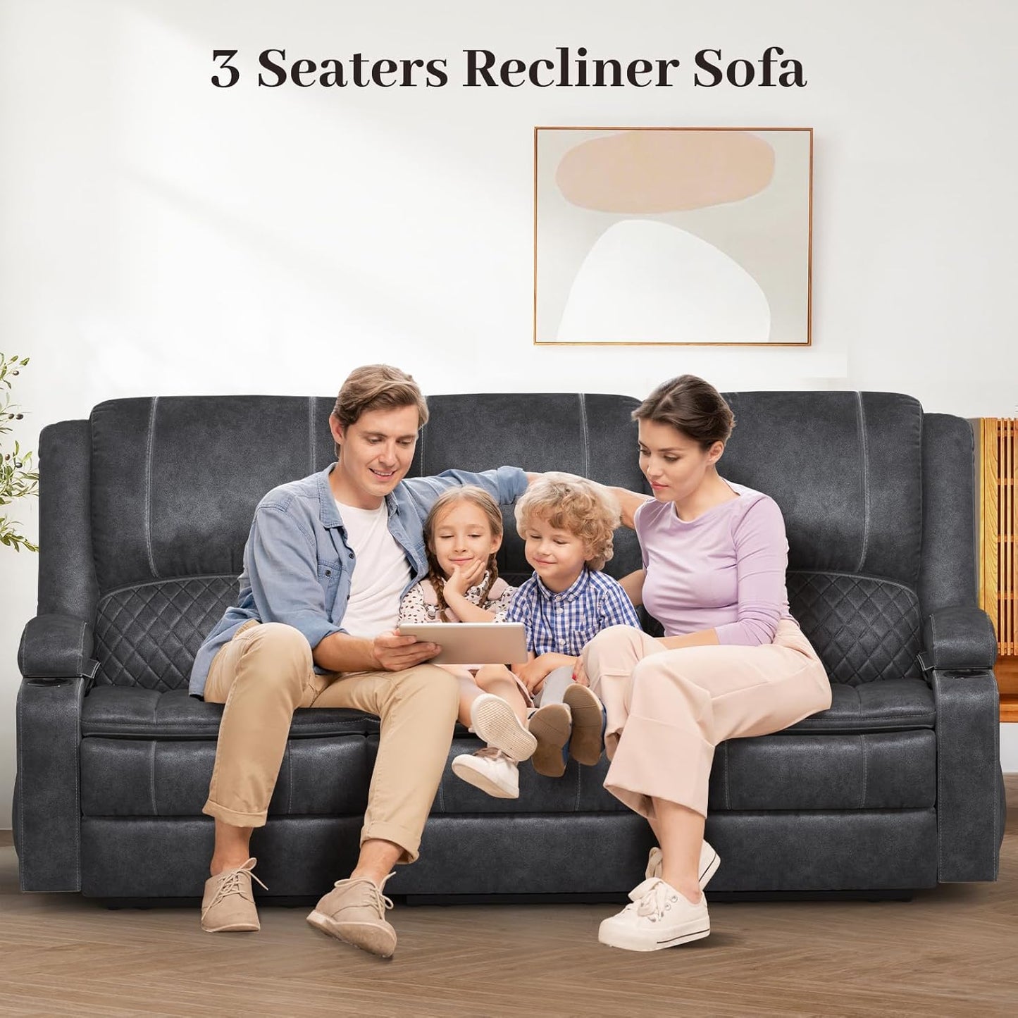 3-Seater Recliner Sofa, Manual Reclining Couch with Multi-Functional Middle Seat, Reclining Sofa for Living Room with Hidden Storage Space, Cup Holders, and Removable Console - Velvet Grey