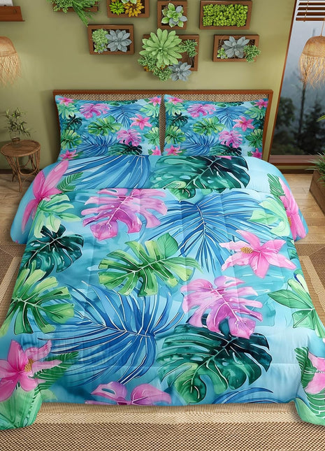 Tropical Summer Queen Comforter Set for Kids and Teens, Palm Leaves and Watercolor Flowers Bedding in Green and Pink, Hawaii-Themed Quilt for Youth Bedroom Decor