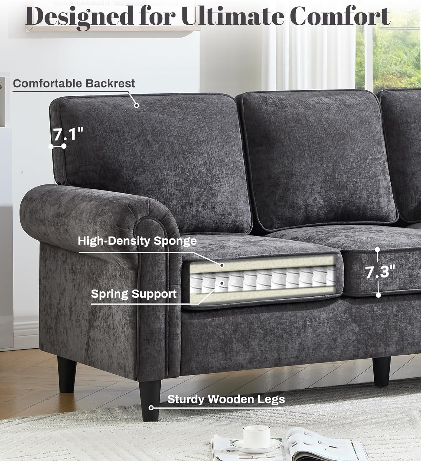 3 Seater Couch, Mid Century Modern Sofa with Rolled Arms and Deep Seats, Fluffy Comfort for Living Room, Apartment, Easy Assembly, Gray