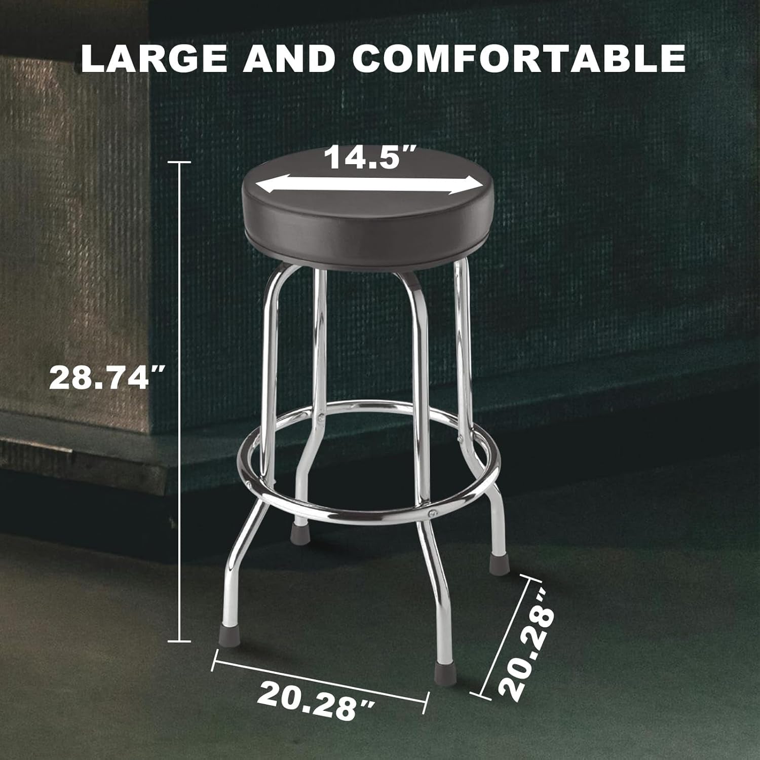 Swivel Bar Stool: Padded Garage/Shop Seat with Chrome Plated Legs, Black, 28.74" Tall, 18.5" Diameter