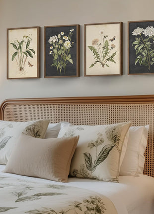 Framed Botanical Wall Art Set - 4-Piece Rustic Floral Canvas Prints for Home Decor in Various Living Spaces