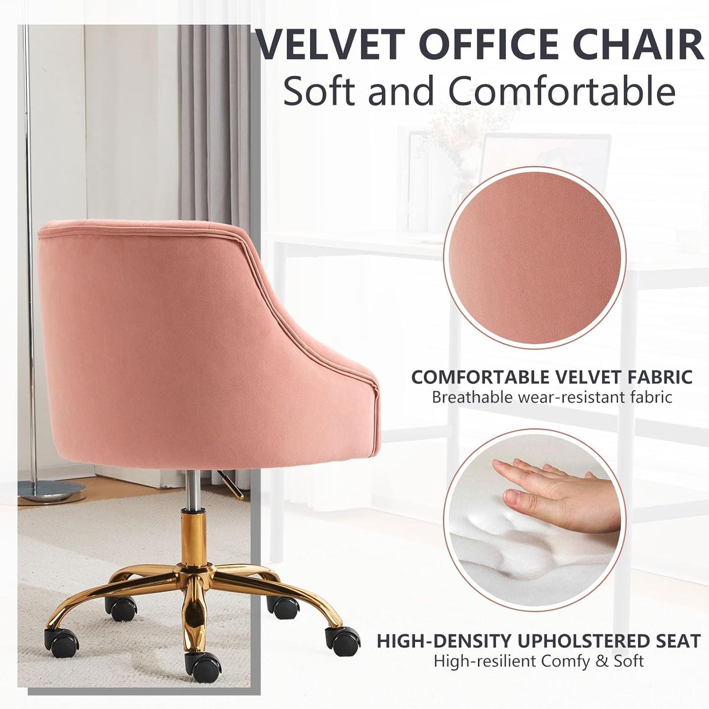 Velvet Home Office Desk Chair, Vanity Chair with Wheels Pretty Fancy Gold 360°Swivel Height Adjustable Office Chairs for Girls Home Offices, Bedrooms, Living Room (Pink)