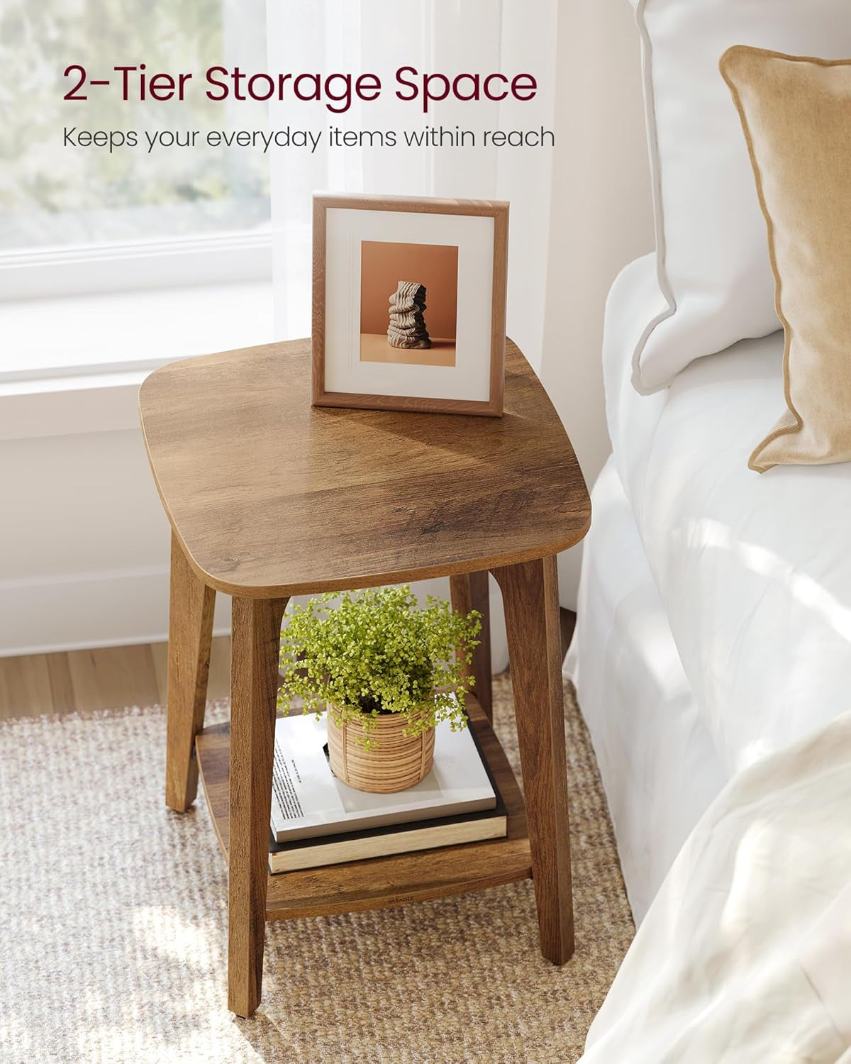 MAEZO Collection - Side Table, 2-Tier Small Square End Table, Nightstand with Tapered Legs, Curved Transitions, for Small Spaces, Living Room, Bedroom, Honey Brown ULET236K01