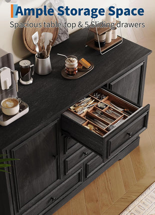 47" Modern Farmhouse Buffet Cabinet with 5 Drawers and Adjustable Shelves, Versatile Sideboard Storage for Dining Room and Kitchen, Black Finish