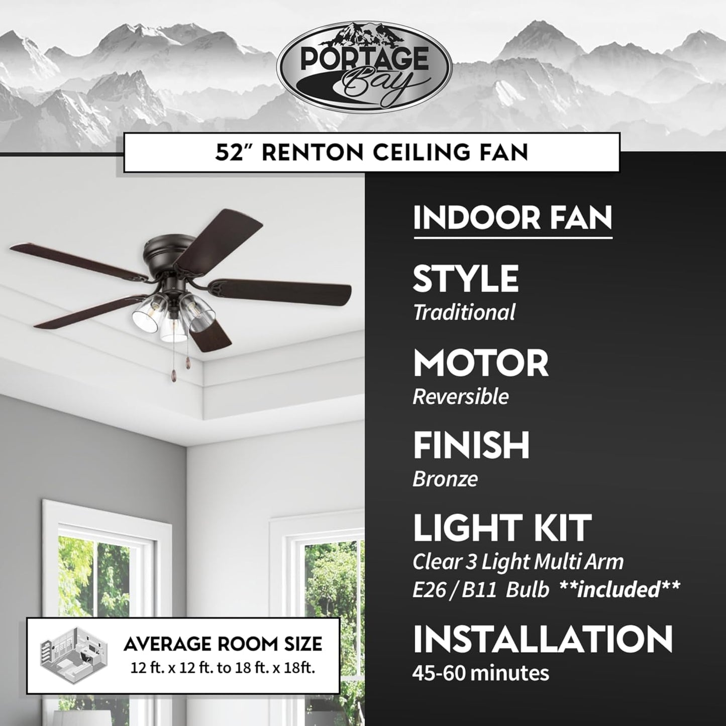 Ceiling Fans 52" Renton Bronze Indoor Fan with Clear 3 Light LED Multi Arm; E26/B11 Bulb and Pull-Chains, Traditional Style, 5 Reversible Barnwood/Dark Chestnut Blades, 51439