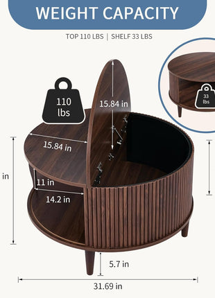 Mid-Century Modern Round Coffee Table with Storage - 31.69" Fluted Center Table for Living Room, Rustic Wood 2-Tier Design with Sliding Cabinet Door, Brown