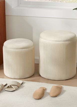 Set of 2 Beige Velvet Round Ottomans with Storage – Elegant Vanity Stools for Bedroom and Living Room