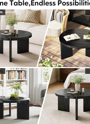 27.5" Mid-Century Modern Round Black Coffee Table with Fluted Wood Design and Ribbed Base, Perfect for Small Spaces and Easy Assembly