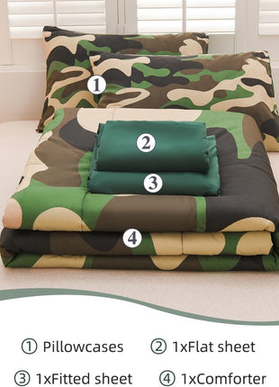 Twin Size Camouflage Bedding Comforter Set with Sheets - 5 Piece Bed in a Bag for Boys, Girls, and Teens - Neutral Farmhouse Lodge Cabin Army Green Bedspread
