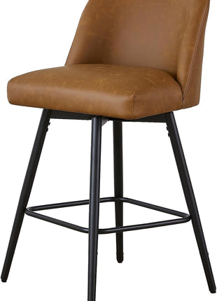 Set of 2 Contemporary Upholstered 360° Swivel Counter Height Bar Stools with High Backs, 26-Inch Seat Height, Faux Leather in Saddle Brown