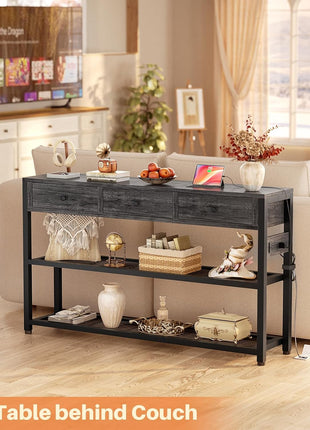 47-Inch Console Table with Outlets and USB Ports, 3 Drawers and Storage Shelves for Living Room, Hallway, Foyer, and Kitchen in Grey Finish