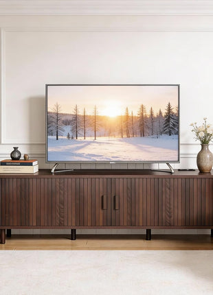 70-Inch Mid-Century Modern Television Stand with Sliding Doors, Power Outlet, Adjustable Shelves, Fluted Design, and Walnut Finish