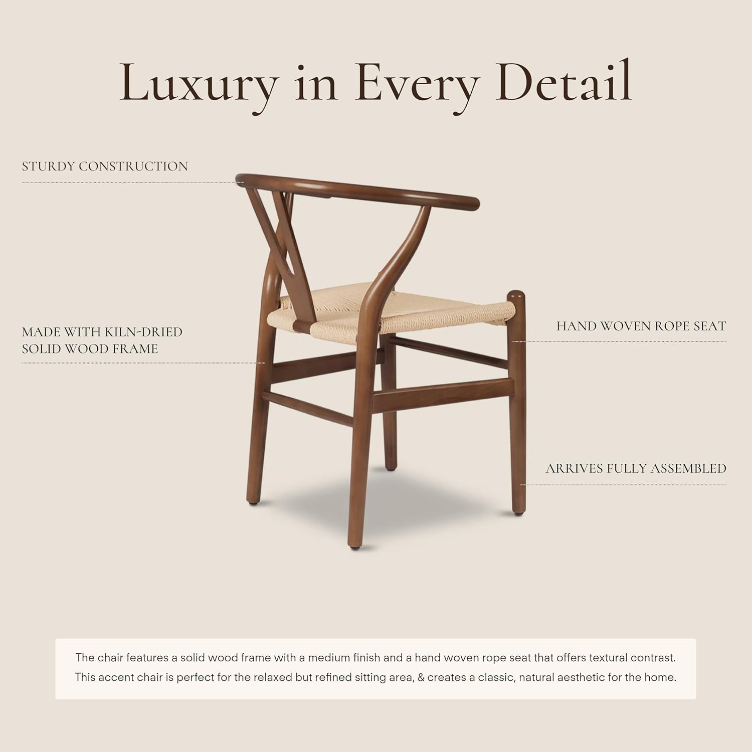 Weave Dining Chairs – Mid-Century Modern Wishbone Dining Chairs with Arms, Solid Wood Frame, Indoor Use – Walnut– Set of 2 - Ideal for Dining Room, Kitchen or Stylish Accent Setting