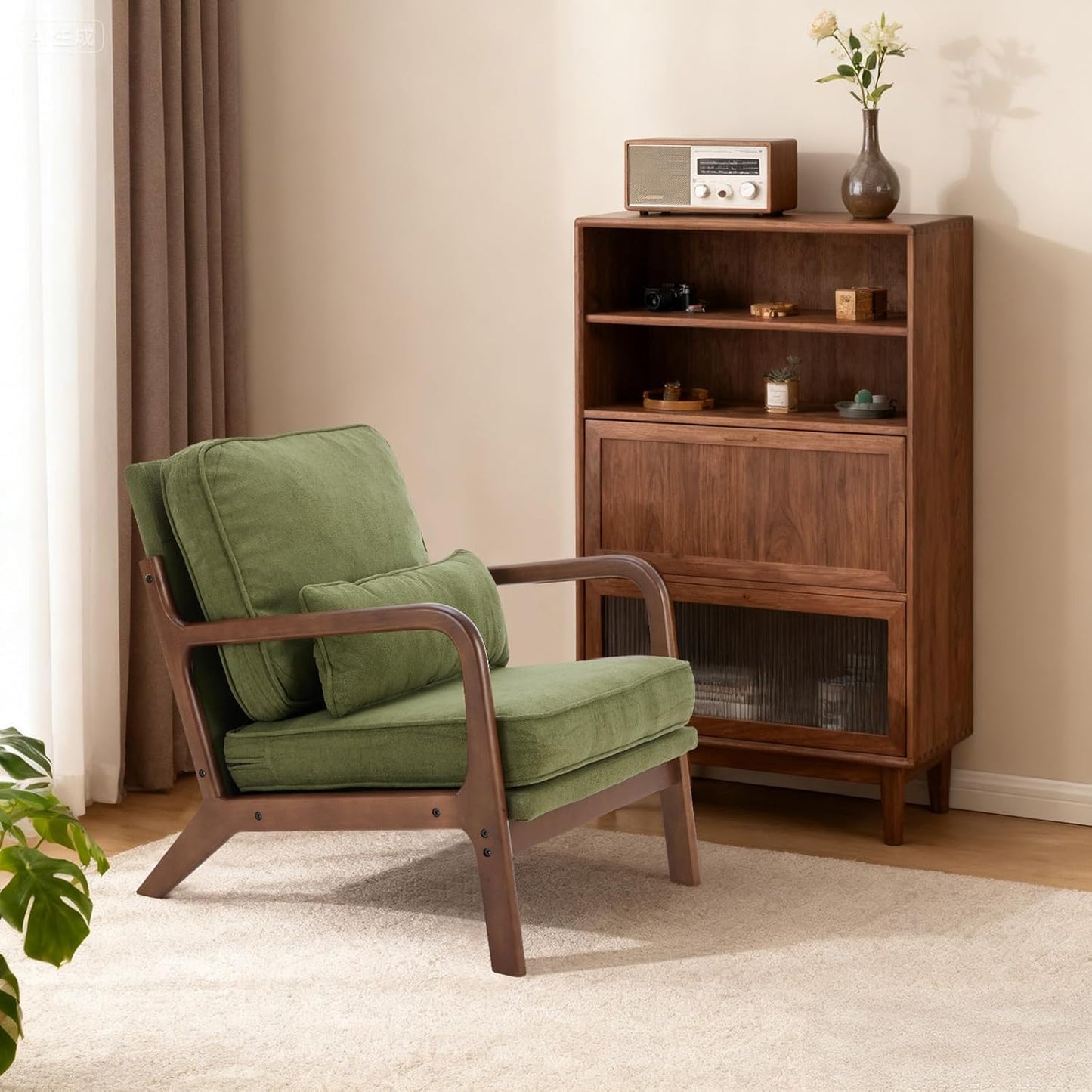 Mid Century Accent Chair, Modern Living Room Chairs with Arms and Waist Cushion, Reading Chairs for Adults, Lounge Chair for Bedroom, Solid Wooden Frame, Classic Green