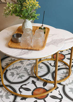 Modern Industrial Nesting Coffee Table Set of Two with Gold Frame and Marble Finish, White Circular Wooden Design for Living Room and Bedroom
