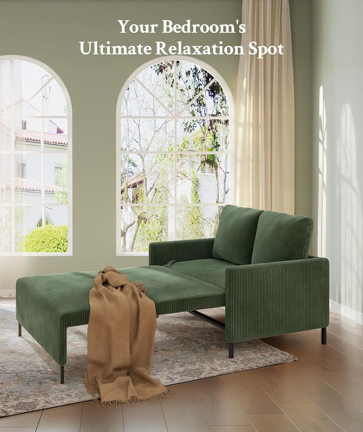 47.2" Convertible Sofa Bed Couch, Comfy Corduroy Couch Bed, All in 1 Loveseat Sleeper Sofa, Love Seat Sleeper Bed with 2 Pillows, Modern Couches for Living Room/Apartment/Home/Office, Green