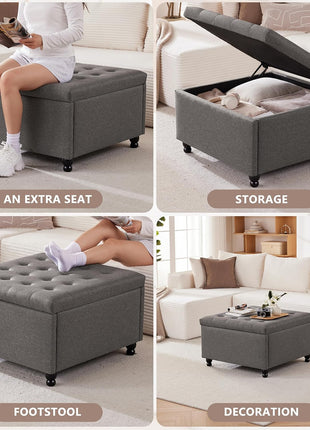 30-Inch Large Square Upholstered Storage Ottoman Coffee Table in Dark Grey Fabric for Living Room