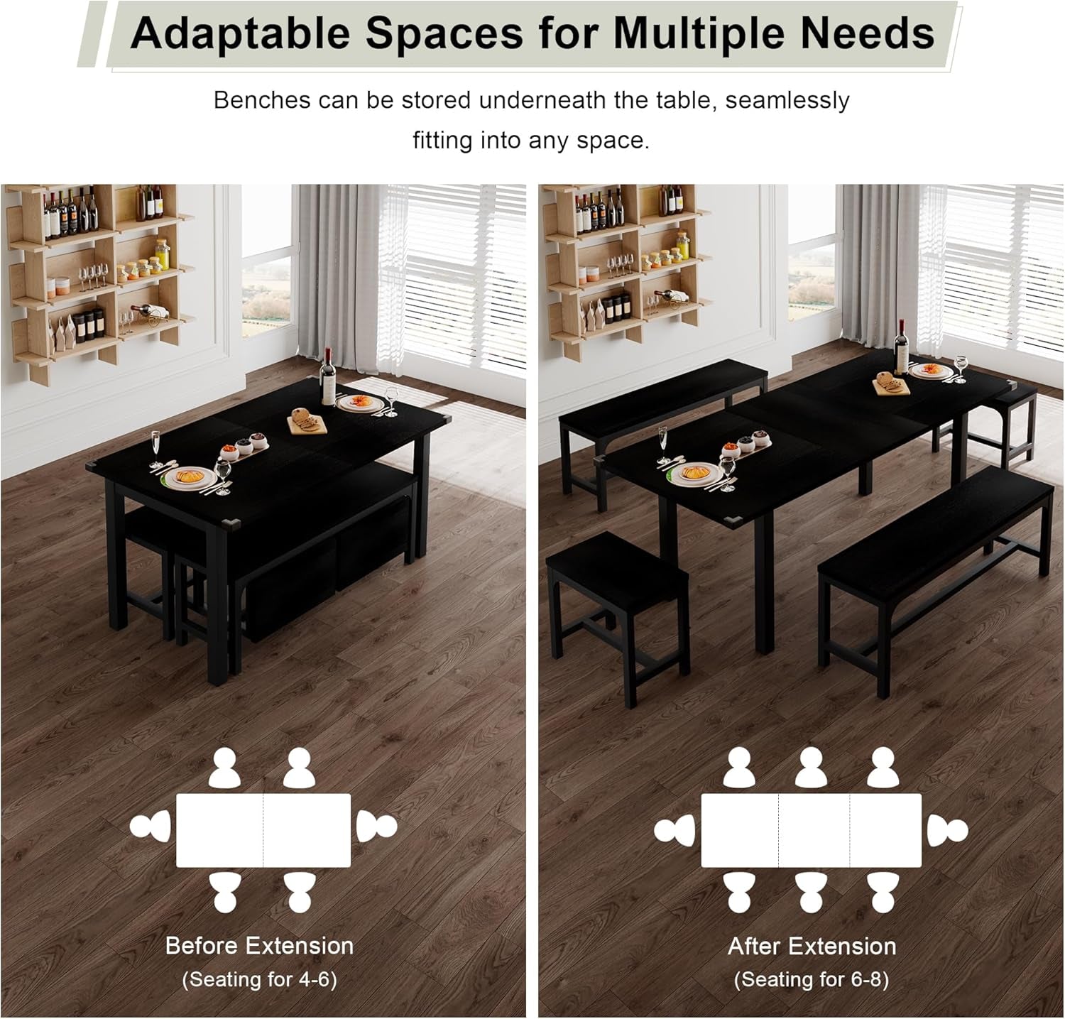 5-Piece Dining Table Set for 4-8 People, 63" Large Extendable Kitchen Table Set with 2 Benches and 2 Square Stools, Dining Room Table with MDF Wood Board, Easy Assembly, Black