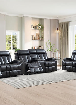 Premium PU Leather Manual Recliner Chair for Adults with Cup Holders and Padded Backrest, Overstuffed Heavy Duty Reclining Sofa for Living Room and Bedroom, Black