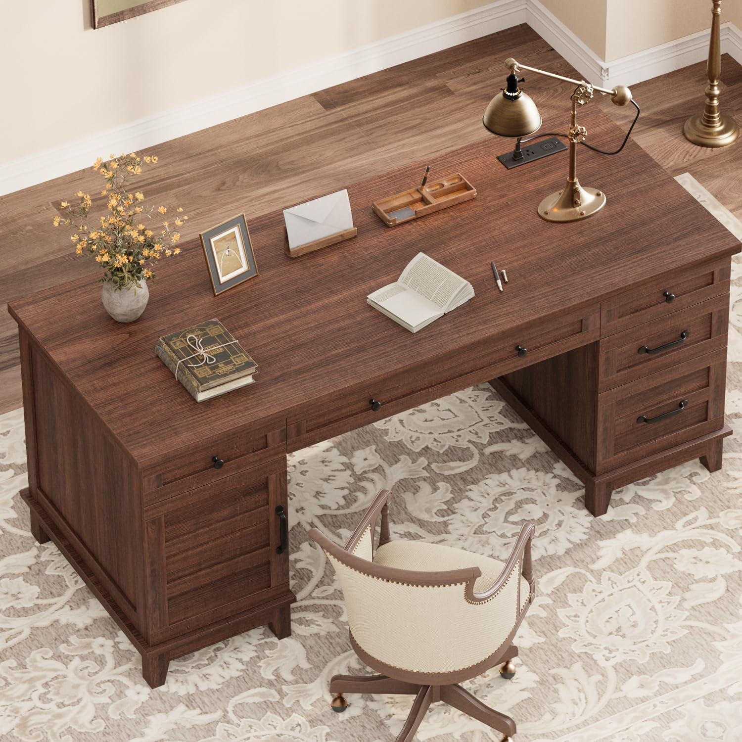 Executive Desk with File Drawers, Farmhouse Home Office Desk with Charging Station, 60 in Wooden Computer Desk with Cabinet Storage for Work Study Writing, Walunt Brown