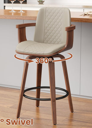 26-Inch Swivel Counter Height Bar Stools with Wooden Legs and Backs, Upholstered PU Leather Bentwood Frame Chairs with Armrests for Kitchen Islands and Dining Rooms in Greige