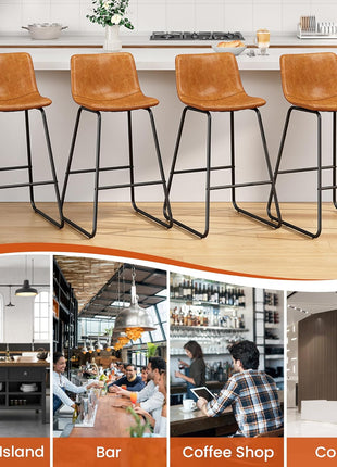Set of 4 Contemporary PU Leather Counter Height Bar Stools, 26" Armless Dining Chairs with Metal Legs and Footrest in Brown
