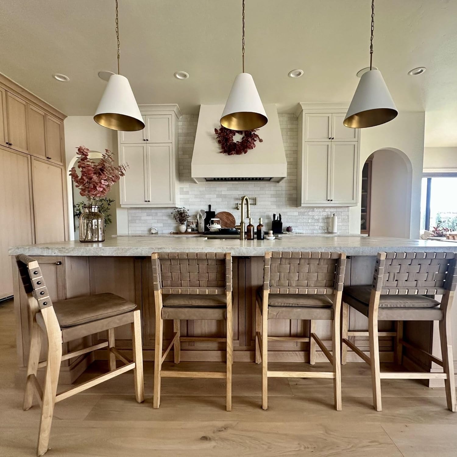 Cohen Mid-Century Modern Leather Bar Stool, Counter Height Chair in Solid Wood Frame with Footrest and Woven Leather Back for Kitchen, Natural Brown, 1 Count, Barstool - 24"