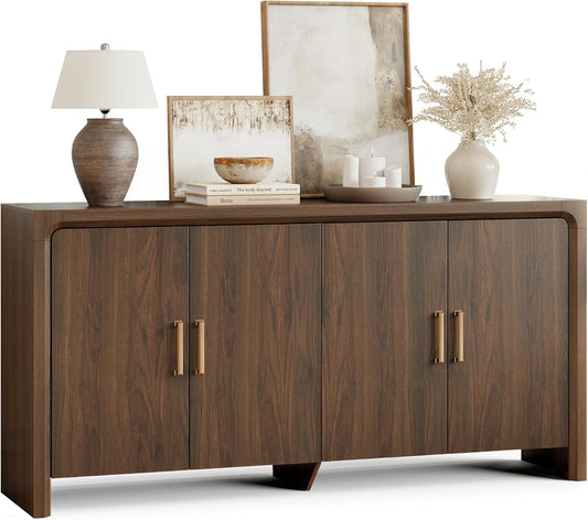 63" Buffet Cabinet with 4 Doors and Adjustable Shelves, Sideboard Buffet Cabinet with Storage, Wood Kitchen Console Table, Modern Coffee Bar for Kitchen, Living Room, Hallway (Walnut)