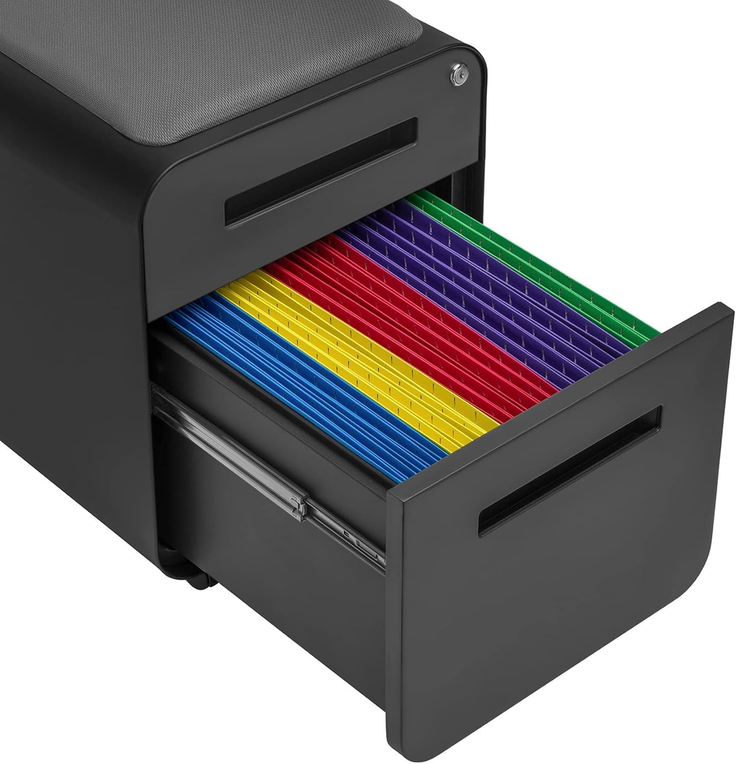 STOCKPILE Mini Seated 2 Drawer Mobile File Cabinet with Removable Magnetic Cushion Seat - Short Version, Metal Filing Cabinet, Pre-Assembled, Black with Grey Cushion