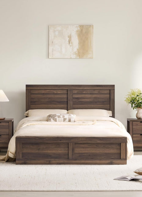 Queen Size Wood Platform Bed Frame with Two Nightstands, Featuring Storage and Type-C Charging Port, Farmhouse Bedroom Furniture Set