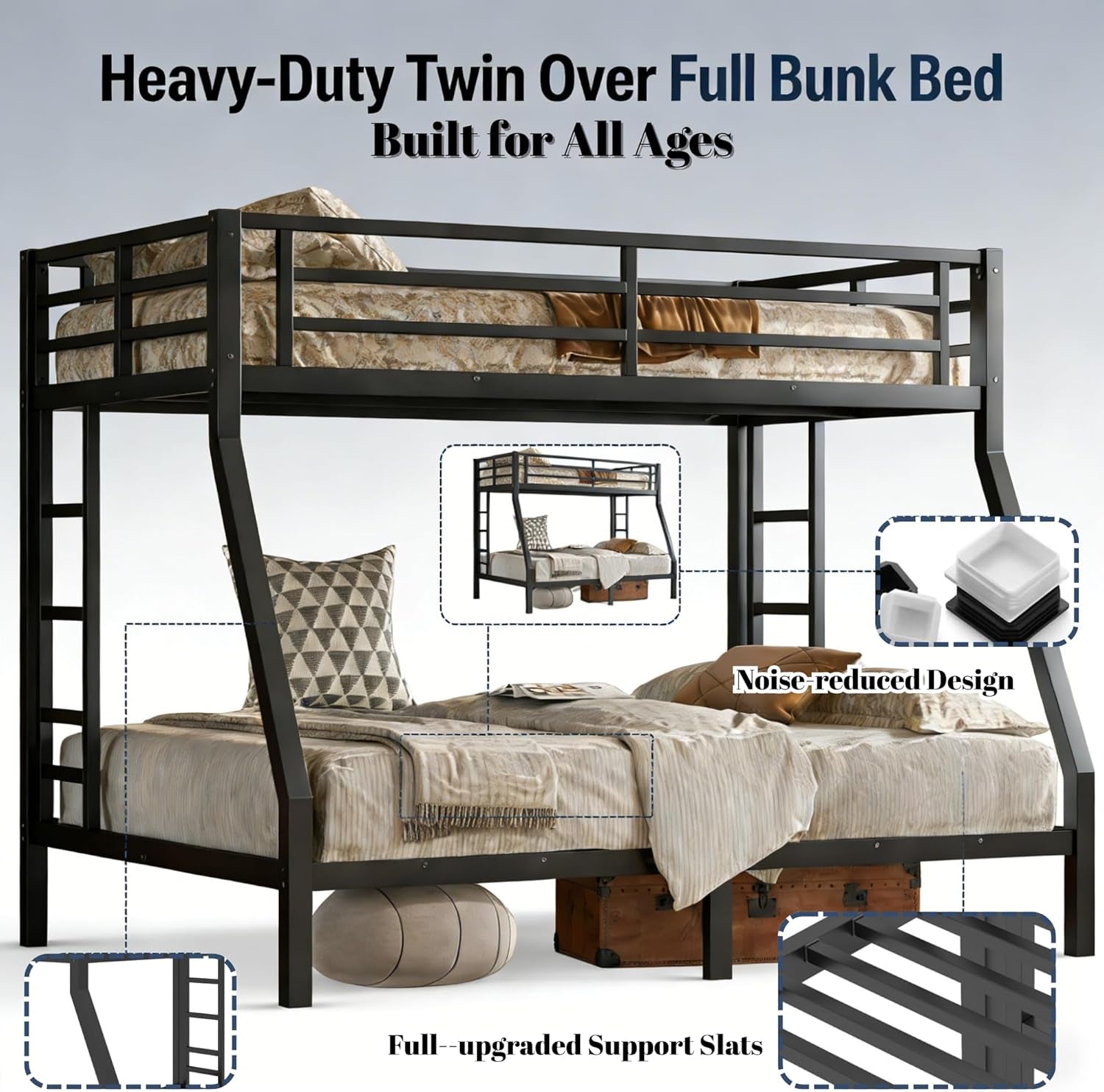 Twin over Full Bunk Bed with Ladders, Metal Bunk Beds Frame with Full-Length Guardrails, Heavy-Duty Bunkbed for Bedroom, Guest Room, Dorms, Noise-Reduce and No Spring Box Needed, Black