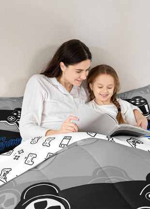 Twin Size Gaming Comforter Set for Boys - All-Season Video Game Themed Bedding with Comforter and Pillowcase in Blue, Black, and Grey