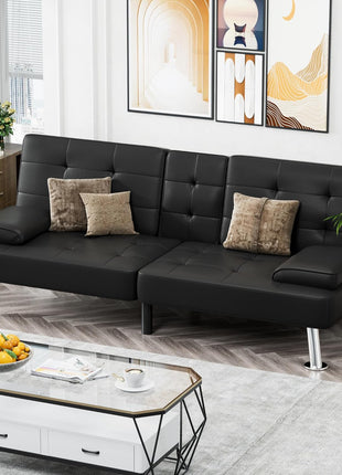 Leather Futon Sofa Bed with Removable Armrests and Adjustable Recliner, Dual Cup Holders - Ideal for Living Room, Apartment, or Office (Black) 30.7" x 65" x 28