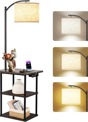 Contemporary Floor Lamp with Built-in Charging Station and Shelving, 9W LED Bulb with Adjustable Color Temperatures, Perfect for Bedroom and Living Room