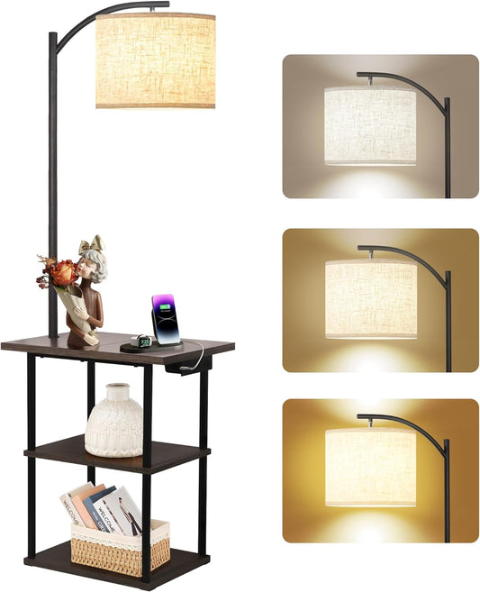 Floor Lamp with Table, End Tables with Charging Station(Usb & Type-C & AC Port), 3 Color Temperatures 9W LED Bulb, Modern Shelves Side Table for Bedroom, Living Room