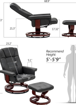 Manual Swivel Recliner and Ottoman Set for Compact Spaces - Dark Grey Faux Leather for Living Room, Bedroom, and Office