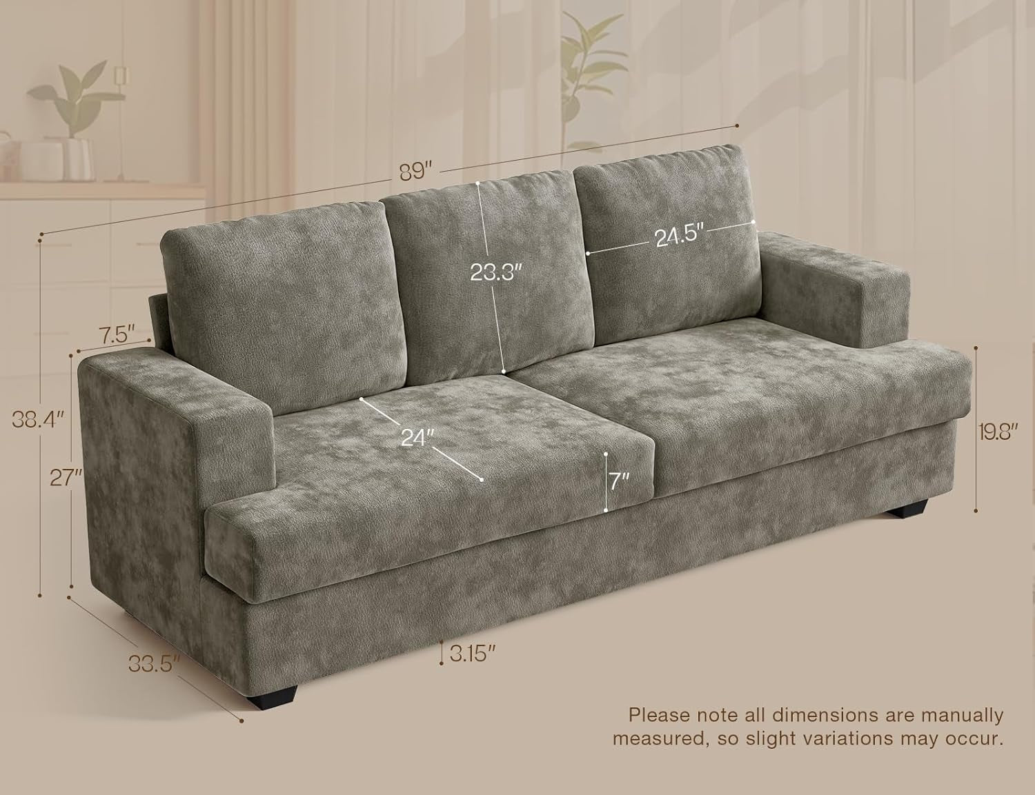 89" 3 Seater Couches for Living Room Sofas Comfy Sectional Couch with 24" Deep Seat Loveseat Sofa for Small Apartment, Grey