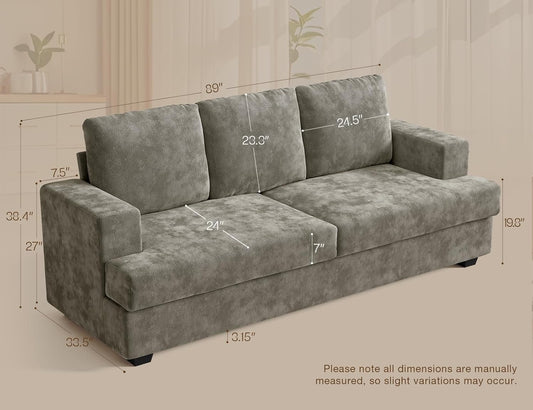 89" 3 Seater Couches for Living Room Sofas Comfy Sectional Couch with 24" Deep Seat Loveseat Sofa for Small Apartment, Grey
