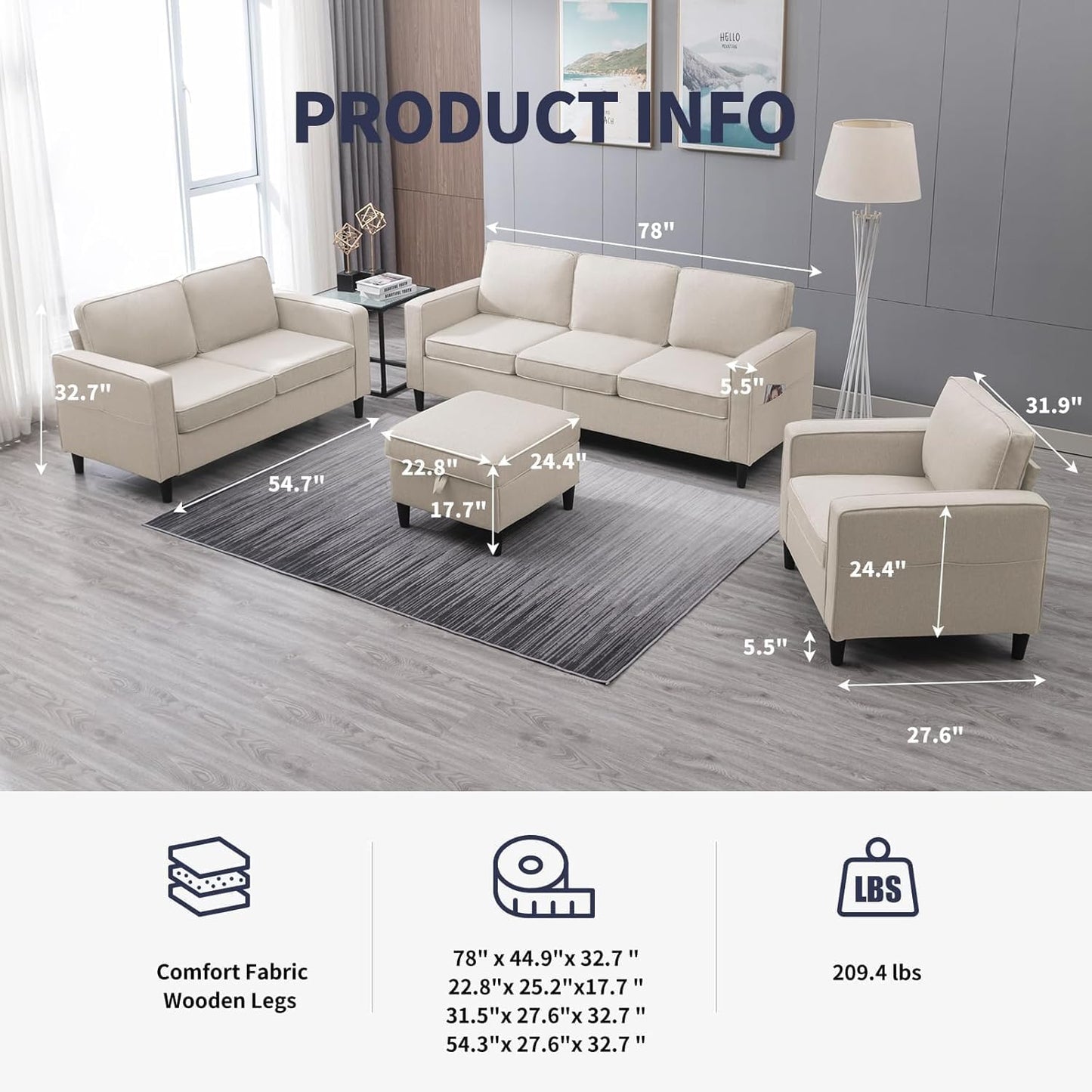 3PCS Sectional Sofa Set W/Ottoman,Modern Linen 6 Seater Couch Set with Movable Storage Ottoman & Side Pockets,3 Seat L Shaped Couch Loveseat and Armchair Living Room Furniture(3+2+1Seat/Beige)