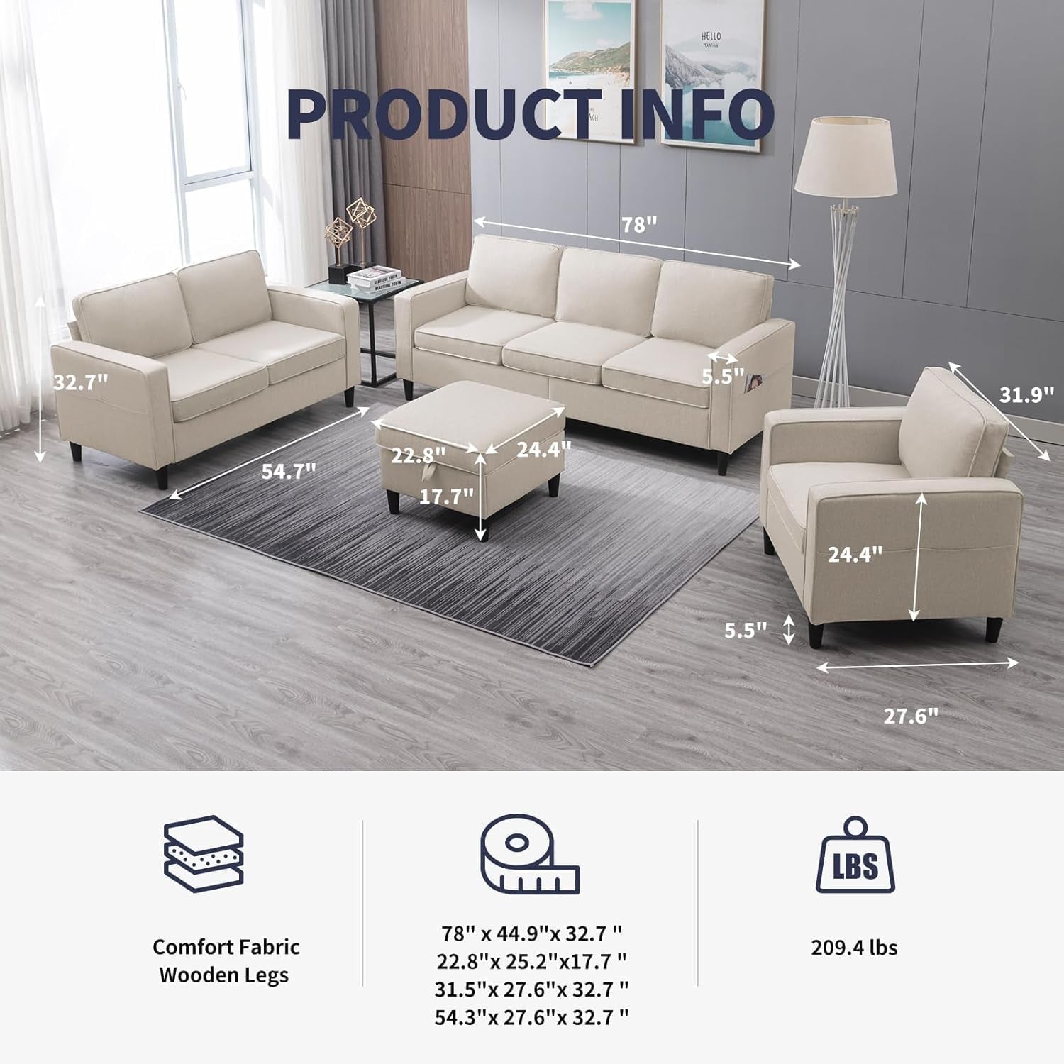 3PCS Sectional Sofa Set W/Ottoman,Modern Linen 6 Seater Couch Set with Movable Storage Ottoman & Side Pockets,3 Seat L Shaped Couch Loveseat and Armchair Living Room Furniture(3+2+1Seat/Beige)