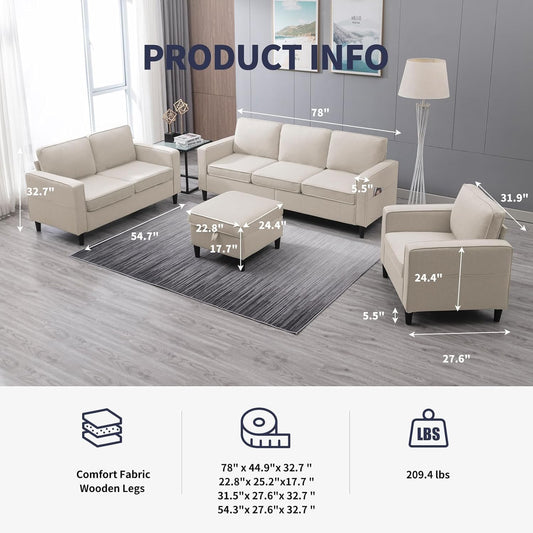 3PCS Sectional Sofa Set W/Ottoman,Modern Linen 6 Seater Couch Set with Movable Storage Ottoman & Side Pockets,3 Seat L Shaped Couch Loveseat and Armchair Living Room Furniture(3+2+1Seat/Beige)