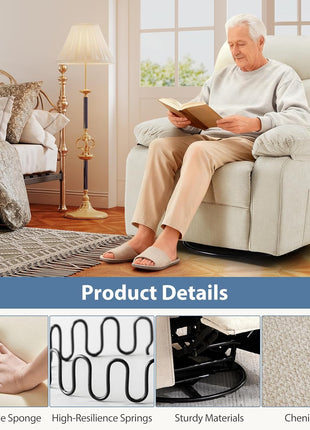 Rocker Recliner Chair with Swivel Function, Vibration Massage, and Lumbar Heating - 270° Rotating Chenille Fabric Recliner with Footrest for Living Room and Bedroom, Beige