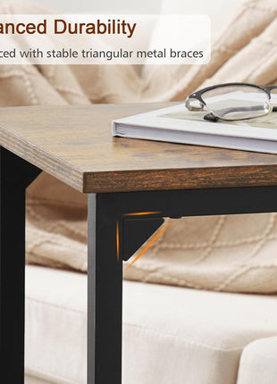 C-Shaped Rustic Brown Side Table Set of 2 for Living Room and Bedroom, Space-Saving Design for Sliding Under Couch, Model HET02CBR