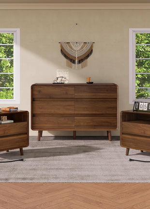 3-Piece Bedroom Furniture Set: 6-Drawer Dresser and Pair of Nightstands in Mid-Century Modern Walnut Finish