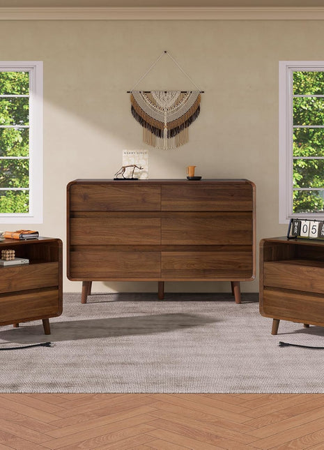 3-Piece Bedroom Furniture Set: 6-Drawer Dresser and Pair of Nightstands in Mid-Century Modern Walnut Finish