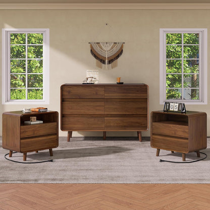 Dresser and Nightstand Sets 3 Piece, 6 Drawer Dresser for Bedroom and Nightstands Set of 2, Wood Chest of Drawers Night Stand Mid Century Modern Bedroom Furniture Set, Walnut