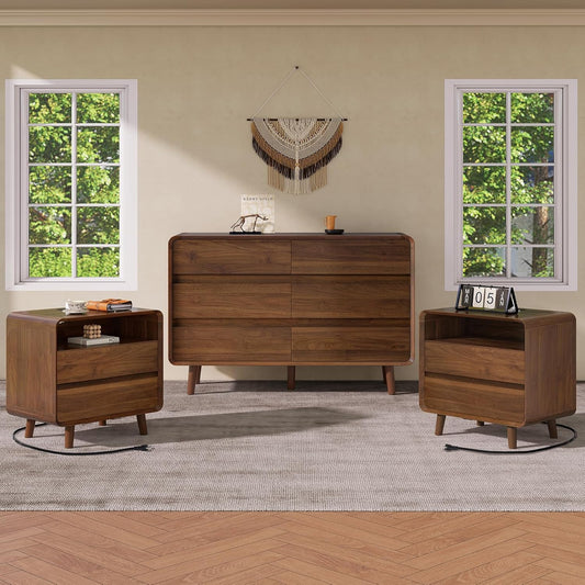 Dresser and Nightstand Sets 3 Piece, 6 Drawer Dresser for Bedroom and Nightstands Set of 2, Wood Chest of Drawers Night Stand Mid Century Modern Bedroom Furniture Set, Walnut